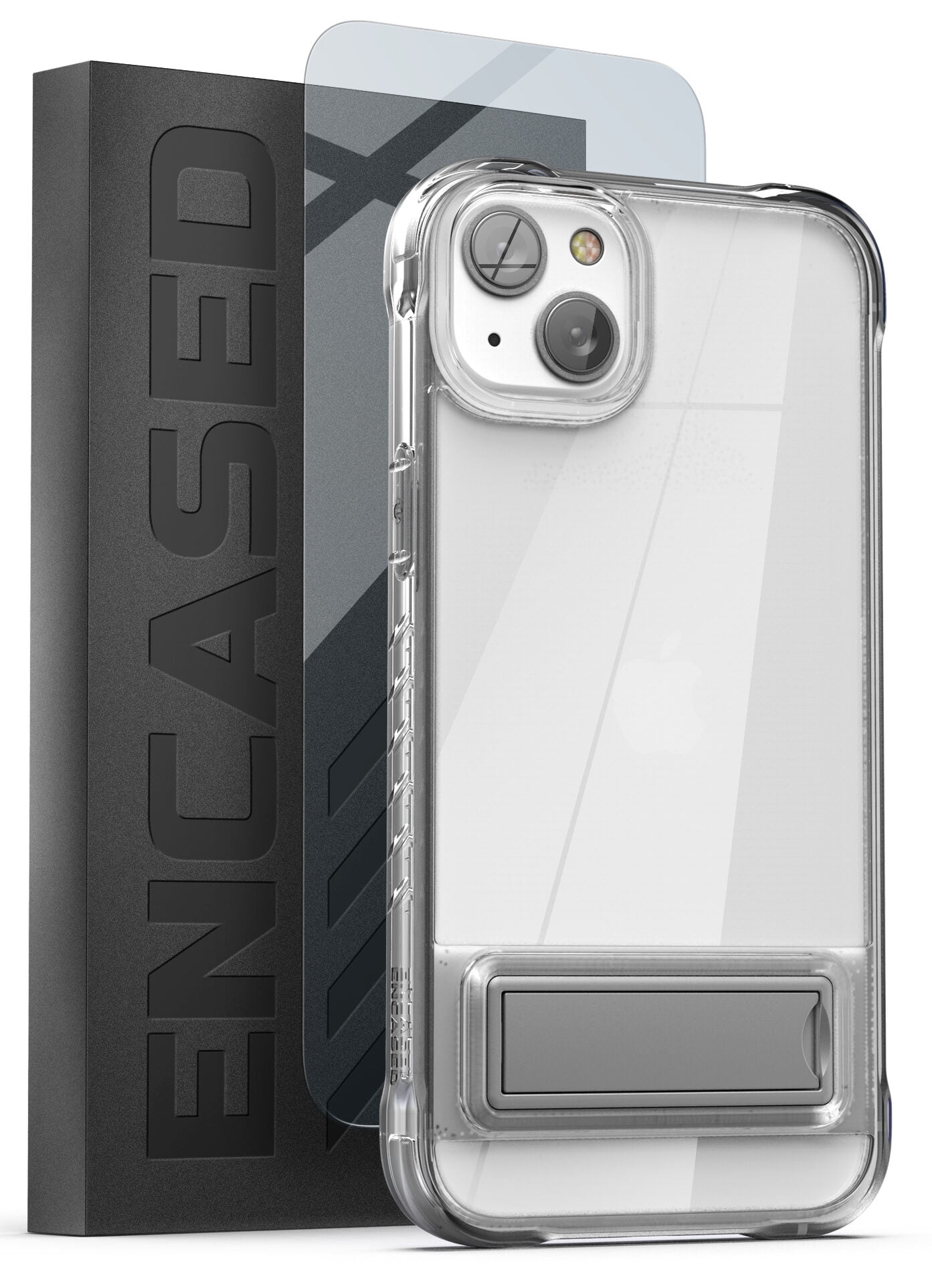 Encased Clear Kickstand Case Designed for iPhone 14 with Screen Protector - Ultra Protective MIL-Spec Armor Guard Bumper with Metal Stand (Retail Packaging)