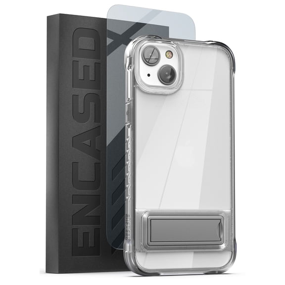 Encased Clear Kickstand Case Designed for iPhone 14 with Screen Protector - Ultra Protective MIL-Spec Armor Guard Bumper with Metal Stand (Retail Packaging)