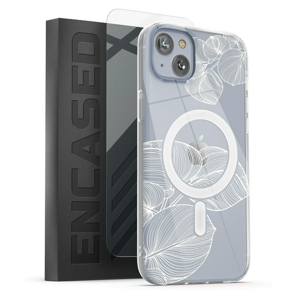 Encased Compatible with MagSafe Case Designed for iPhone 14 PLUS Clear Case with Design, Magnetic Phone Case with Screen Protector - Lace Leaf