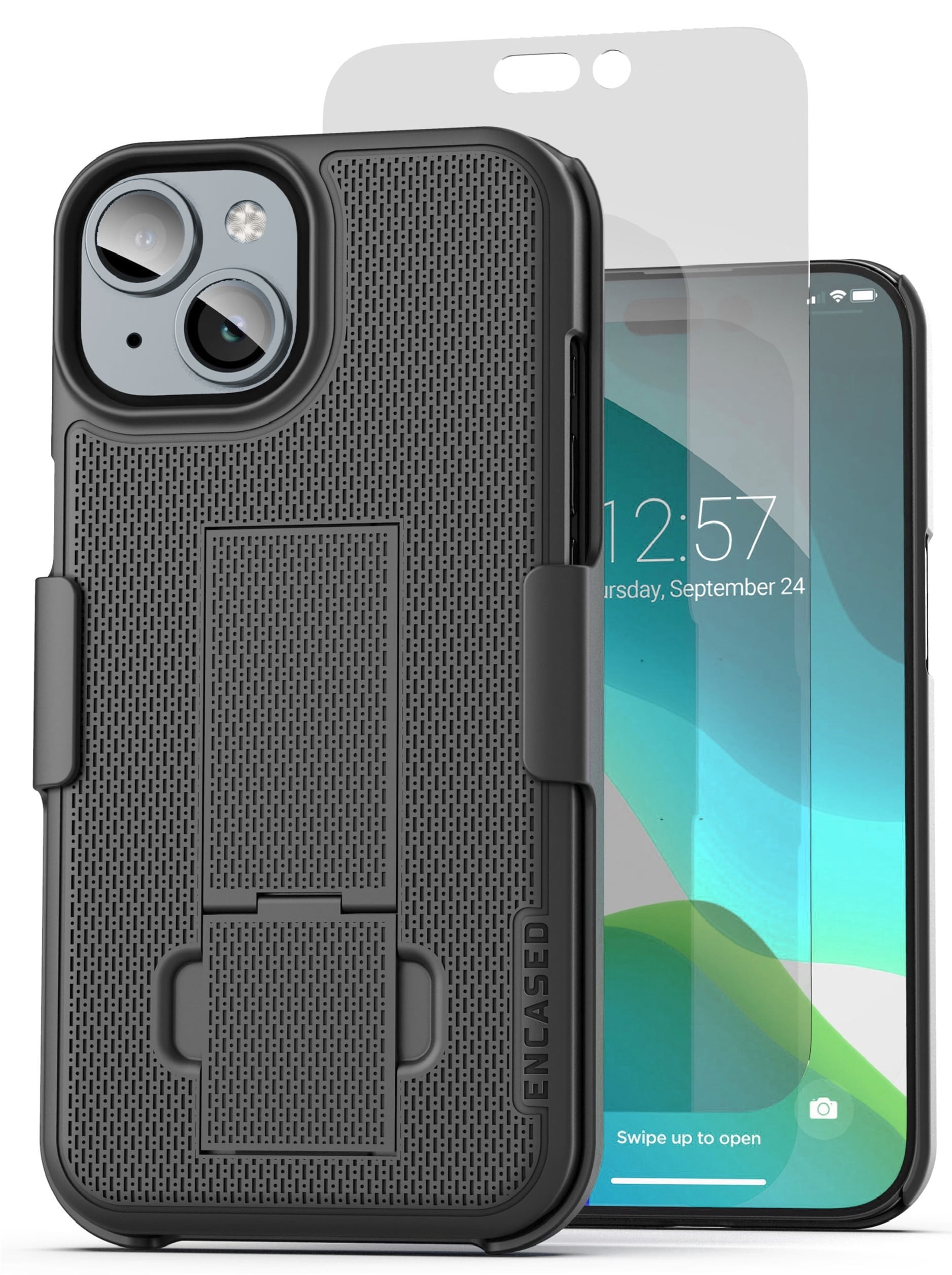 Encased DuraClip Designed for iPhone 15 Belt Clip Case, Slim Phone Case  with Holster (Includes Tempered Glass Screen Protector) Black