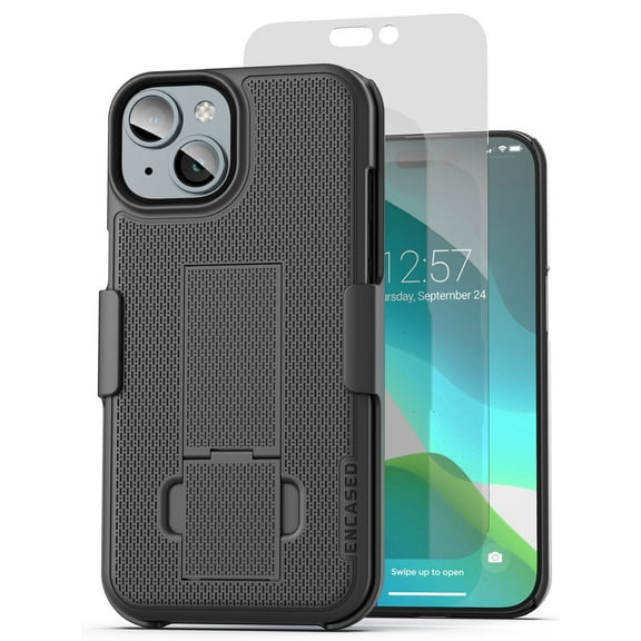 Encased DuraClip Designed for iPhone 15 Belt Clip Case, Slim Phone Case with Holster (Includes Tempered Glass Screen Protector) Black