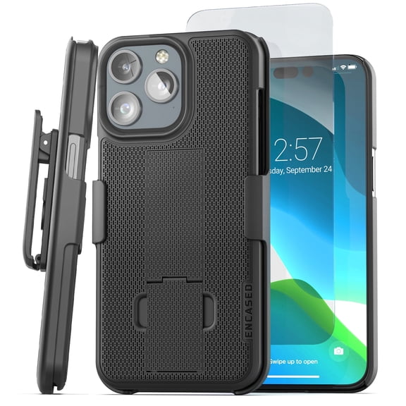 Encased DuraClip Designed for iPhone 15 Pro Max Belt Clip Case, Slim Phone Case with Holster (Includes Tempered Glass Screen Protector) Black