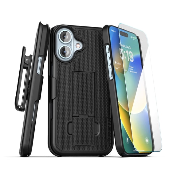 Encased DuraClip for iPhone 16 Plus Belt Clip Holster Case with Tempered Glass Screen Protector (Black)