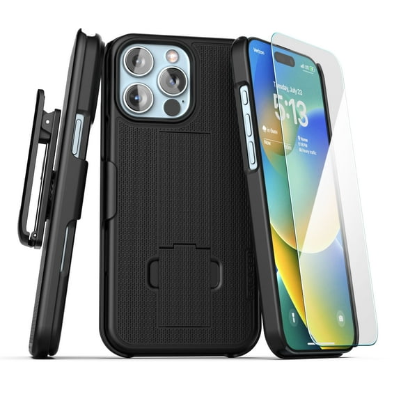 Encased DuraClip for iPhone 16 Pro Max Belt Clip Holster Case with Tempered Glass Screen Protector (Black)