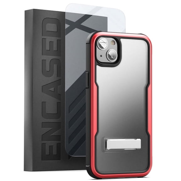 Encased Exos-Armor Case Designed for iPhone 14 with Screen Protector and Metal Kickstand, [MIL-Spec] Ultra Protective Aluminum Frame - Metallic Red