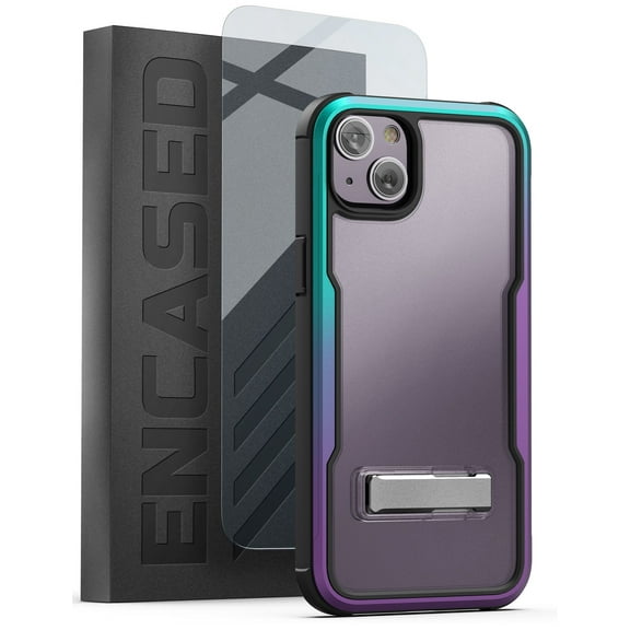 Encased Exos-Armor Case Designed for iPhone 14 with Screen Protector and Metal Kickstand, Shockproof [MIL-Spec] Ultra Protective Aluminum Frame - Purple Gradient