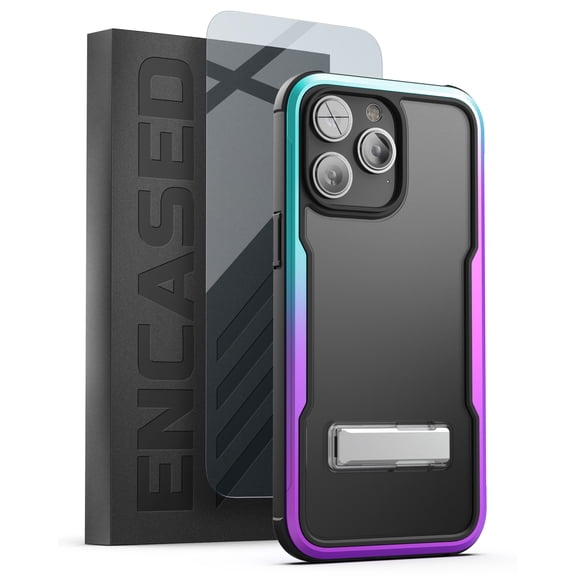 Encased Exos-Armor Designed for iPhone 14 PRO Case with Stand and Screen Protection [Ultra Protective] Aluminum Frame and Metal Kickstand (Purple Gradient)