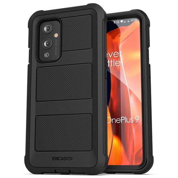 Encased Falcon Armor Designed for OnePlus 9 Case with Screen Protector, Protective Full Body Cover with Built-in Screen Guard (Black)