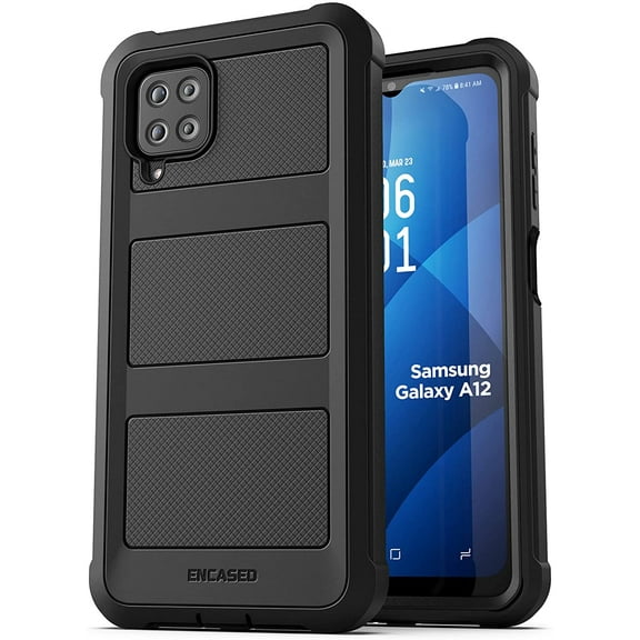 Encased Falcon Armor for Galaxy A12 Case with Screen Protector, Protective Heavy Duty Full Body Built-in Screen Phone Case for Samsung A12 5G (Black)