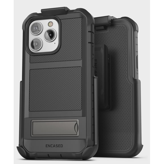 Encased Falcon Designed for iPhone 14 Pro Belt Clip Kickstand Case with Built-In Screen Protector, Protective Full Body Case with Holster - Black