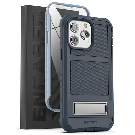 Encased Falcon Designed for iPhone 14 Pro Max Case with Kickstand, Protective Built-in Screen Protector with Metal Stand Phone Case - Blue