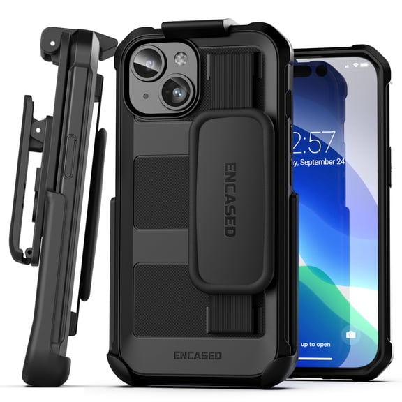 Encased Falcon Designed for iPhone 15 Case with Hand Strap and Belt Clip, Protective Phone Case with Holster (Black)