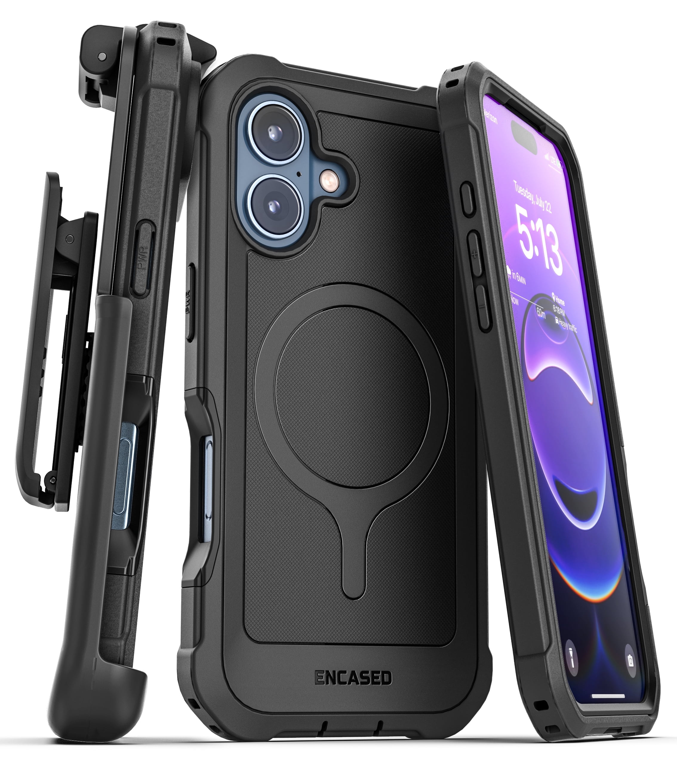 Encased for iPhone 17 Case with Belt Clip (Falcon Series) Full-Body Case with Built-in Screen Protector and Phone Holster (Compatible with MagSafe) Black