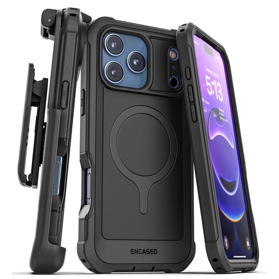 Encased for iPhone 17 Pro Case with Belt Clip (Falcon Series) Full-Body Case with Built-in Screen Protector and Phone Holster (Compatible with MagSafe) Black