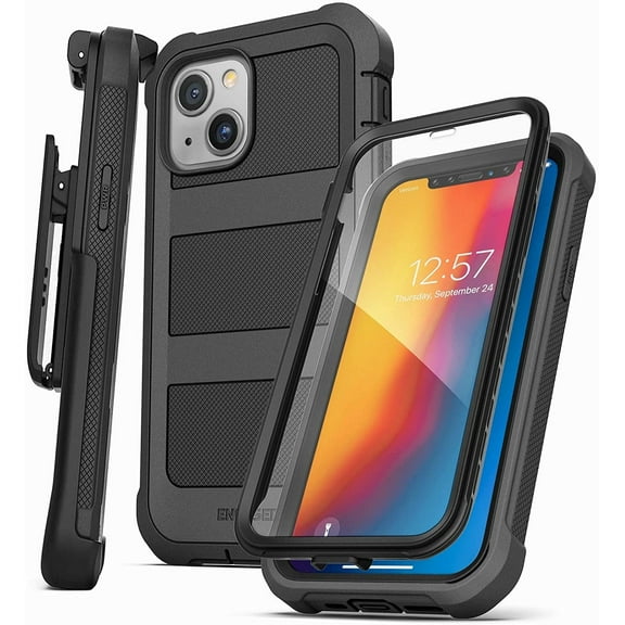 Encased FalconShield Designed for iPhone 13 Mini Case with Screen Protector and Belt Clip Holster, Protective Full Body Built-in Cover with Holder - Black