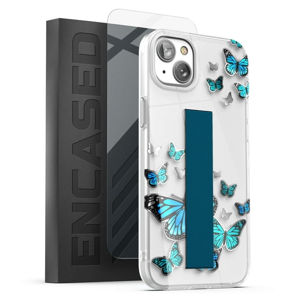 Encased Finger Loop Case Compatible with iPhone 14 PLUS Case for women with Hand Strap - Screen Protector Included (Blue Butterfly)