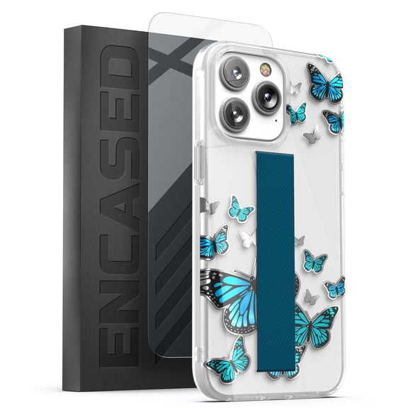 Encased Finger Loop Case Designed for iPhone 14 Pro Max Case for Women with Hand Strap (Screen Protector Included) - Blue Butterfly