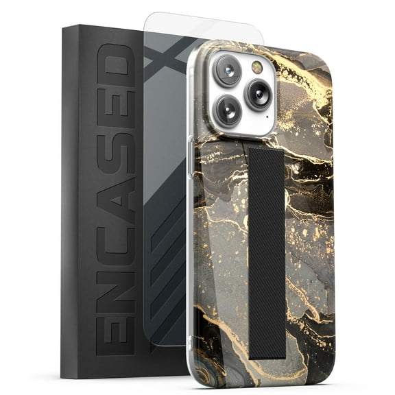 Encased Finger Loop Case Designed for iPhone 14 Pro Max Case with Hand Strap Phone Holder and Screen Protector (Black/Gold Marble)