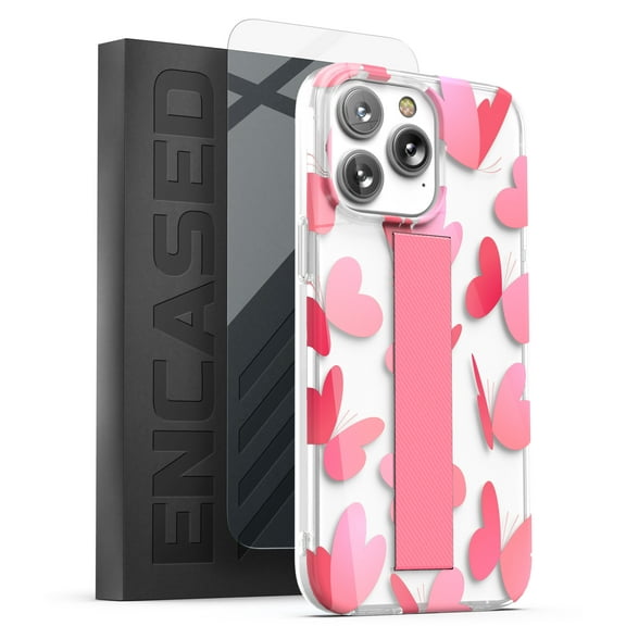 Encased Finger Loop Case Designed for iPhone 14 Pro Max with Hand Strap Grip, Pink Butterfly-Heart Design (Screen Protector Included)