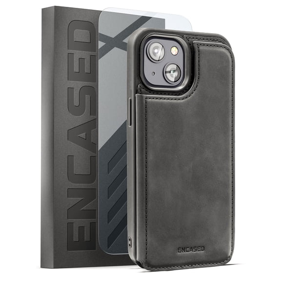 Encased Flip-Back Wallet Compatible with iPhone 14 Case with Card Holder Folio and Wrist Strap (Screen Protector Included)