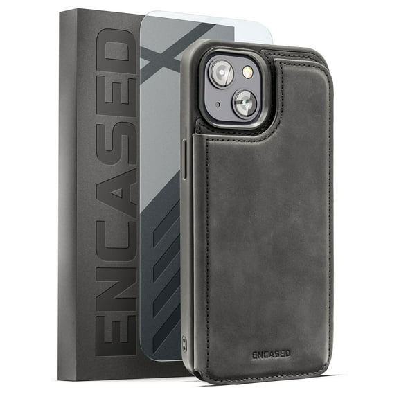 Encased Flip-Back Wallet Compatible with iPhone 14 PLUS Case with Card Holder Folio and Wrist Strap (Screen Protector Included)
