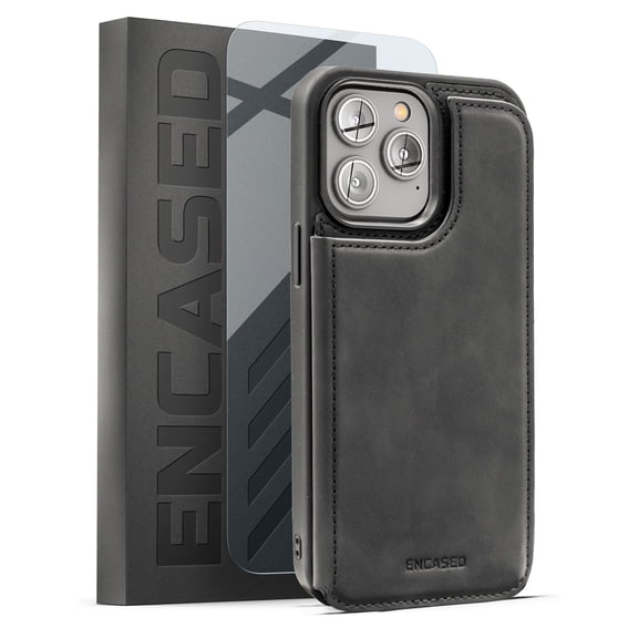 Encased Flip Wallet Compatible with iPhone 14 Pro Max Case with Card Holder Folio and Wrist Strap (Screen Protector Included)