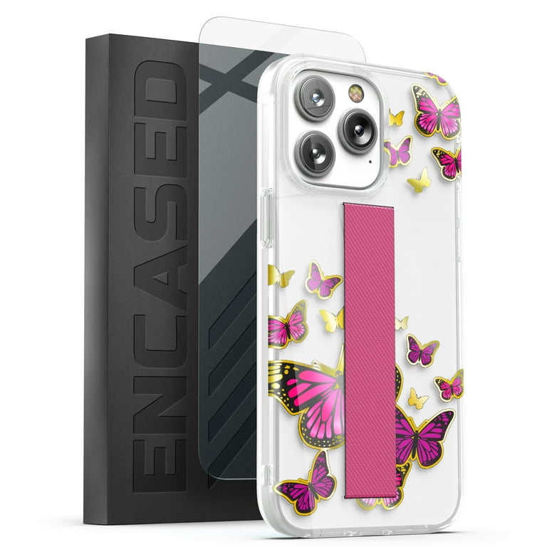 Encased Hand Grip Case Designed for iPhone 14 Pro Case with Finger Loop and Tempered Screen Protector (Pink Butterfly)