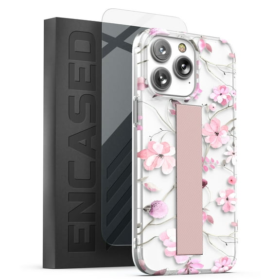 Encased Hand Strap Case Designed for iPhone 14 PRO MAX Case with Finger Grip Loop and Screen Protector (Pink Flowers)