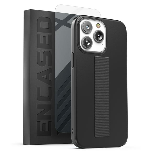 Encased Hand Strap Case Designed for iPhone 14 Pro Max Case with Finger Loop, Easy Grip Phone Holder (Screen Protector Included) - Black