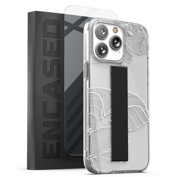 Encased Hand Strap Case Designed for iPhone 14 Pro Max Case with Finger Loop Grip and Screen Protector (White Lace Leaf)