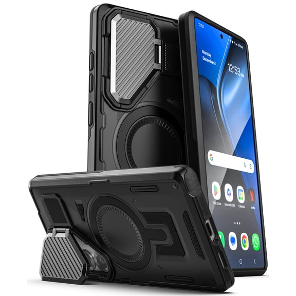 Encased LensGuard For Samsung Galaxy S25 Plus Case with Camera Cover, Magnetic Cover with Lens Protector and Kickstand [Heavy-Duty Hinge] (Compatible with MagSafe), Black