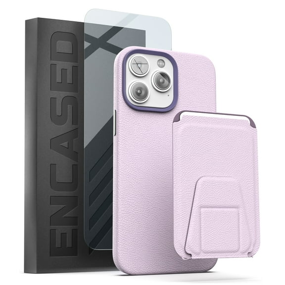 Encased MAG Case Wallet Set - Designed for iPhone 14 PRO Leather Case with Screen Protector and Kickstand Card Holder - Compatible with MagSafe (Lavender Purple)