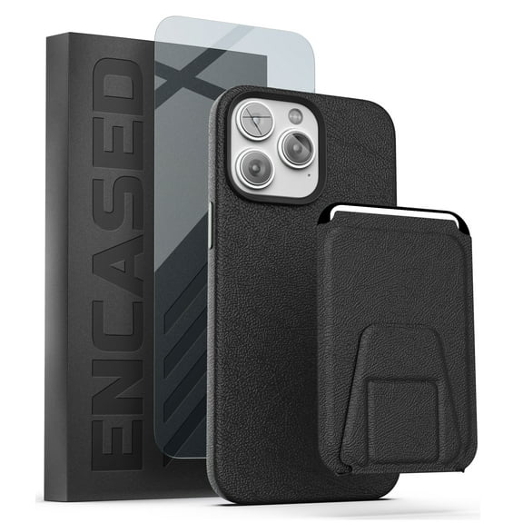 Encased MAG Case Wallet Set - Designed for iPhone 14 Pro Max Case, Black Leather with Kickstand Card Holder and Screen Protector (Compatible with MagSafe)