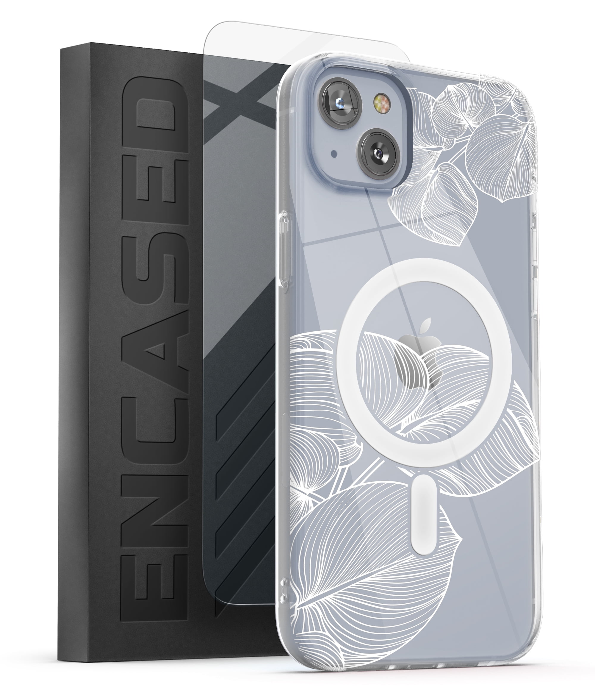 Encased Magnetic Case Designed for iPhone 14 Clear Case with Design with Screen Protector - Compatible with MagSafe Phone Accessories (White Lace Leaf)