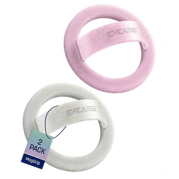 Encased Magnetic Loop Grip Phone Holder (Compatible with MagSafe) Silicone Finger Rings for iPhone (2-Pack, Sparkle & Pink Glitter)