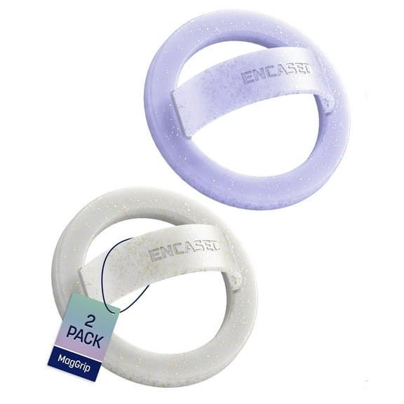 Encased Magnetic Loop Grip Phone Holder (Compatible with MagSafe) Silicone Finger Rings for iPhone (2-Pack, Sparkle & Purple Glitter)