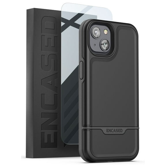 Encased [Mil-Spec] Rebel Series Designed for iPhone 14 Case with Tempered Screen Protector, Ultra Protective Military Grade [10Ft Drop Rated] Dual Hybrid Heavy-duty Rugged Phone Cover (Black)