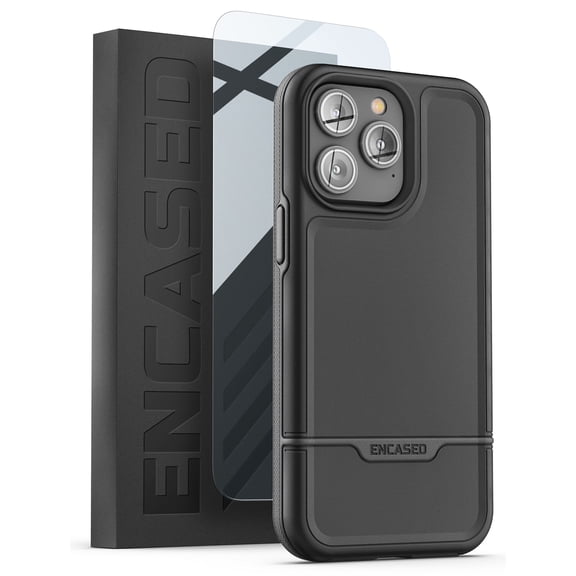 Encased [Mil-Spec] Rebel Series Designed for iPhone 14 PRO Case with Tempered Screen Protector - Ultra Protective Military Grade [10Ft Drop Rated] Dual Hybrid Heavy-duty Rugged Phone Cover (Black)