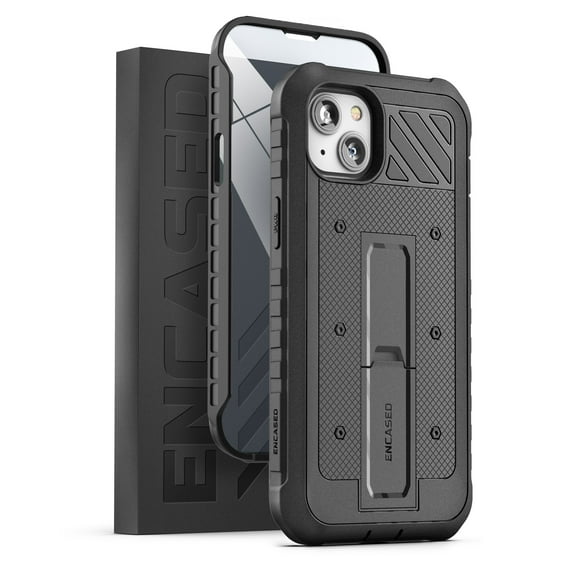Encased Pantera Armor Case Designed for iPhone 14 PLUS with Built in Screen Protector - Ultra Rugged [MIL Spec] Full-Body Protective Armor with Kickstand (Black)