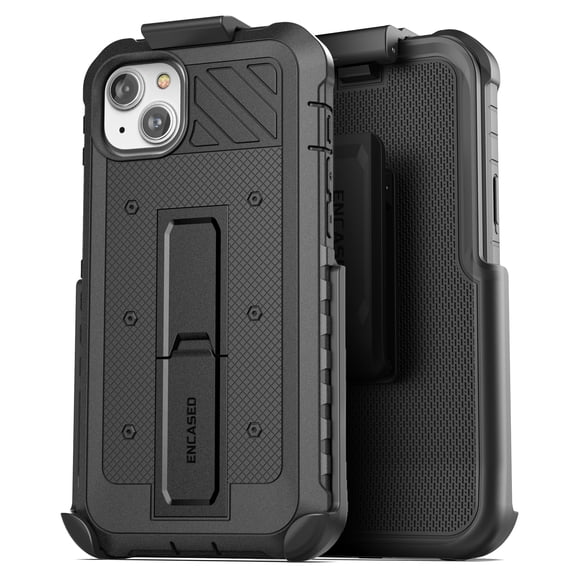 Encased Pantera Holster Case Designed for iPhone 14 PLUS with Built in Screen Protector and Belt Clip - Ultra Rugged [MIL-Spec] Full Body Protective Armor with Kickstand (Black)
