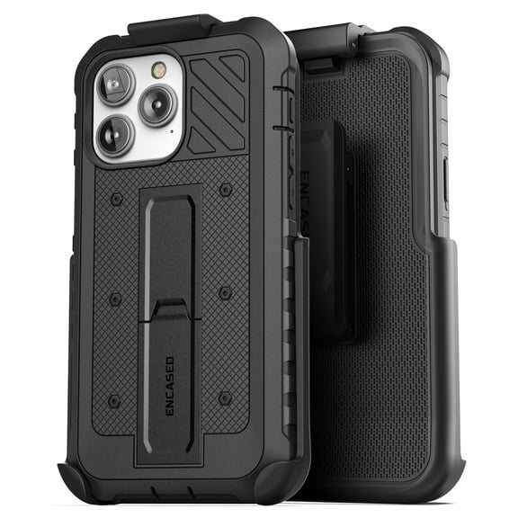 Encased Pantera Holster Designed for iPhone 14 Pro Max Case with Built-in Screen Protector and Belt Clip - Ultra Rugged [MIL-Spec] Full Body Protective Armor with Kickstand (Black)