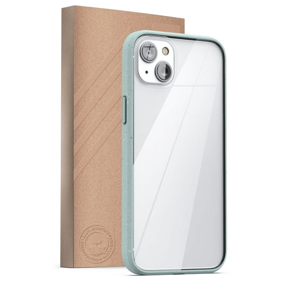 Encased Planet Eco Case Designed for iPhone 14 PLUS - Earth Friendly 100% Biodegradable Compostable Bio Case and Packaging (Clear/Sage Green)
