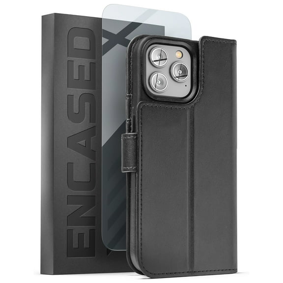 Encased Primo-S Magnetic Folio Compatible with MagSafe - Designed for iPhone 14 PRO Wallet Case with Removable Card Holder and Screen Protector (Black Leather)