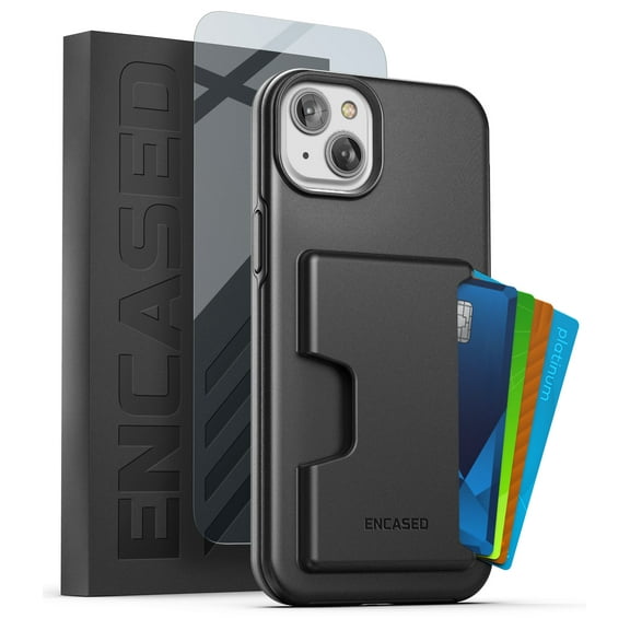 Encased Protective Wallet Case Designed for iPhone 14 with Card Holder and Screen Protector (4 Credit Cards/IDs) - Black