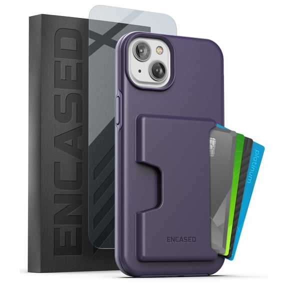 Encased Protective Wallet Case Designed for iPhone 14 with Card Holder and Screen Protector (4 Credit Cards/IDs) - Purple