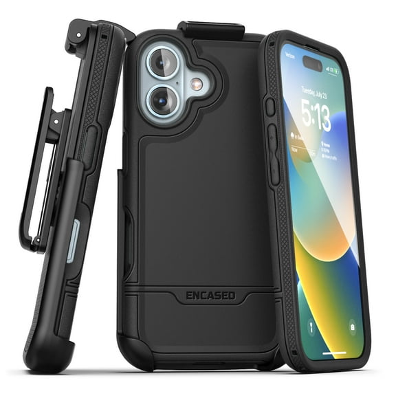 Encased Rebel Belt Case for iPhone 16 with Holster Clip, (Compatible with MagSafe) Rugged Hybrid Phone Cover (Black)