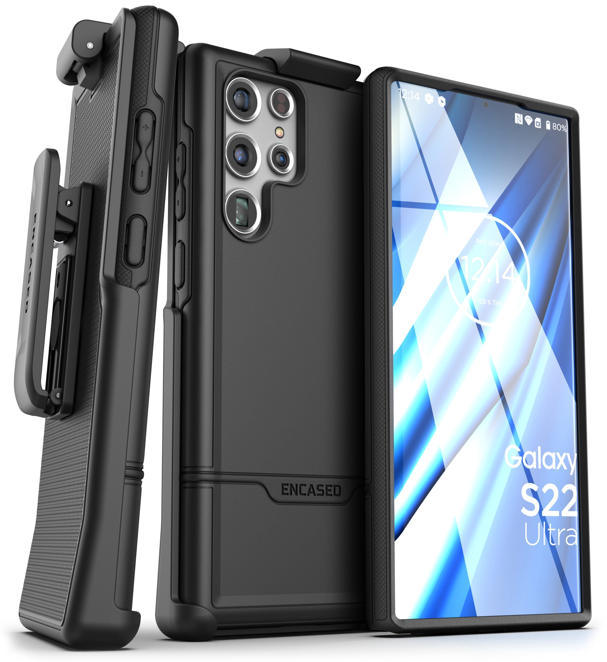 Encased Rebel Designed for Samsung Galaxy S22 Ultra Belt Clip Case, Protective Shockproof Case with Holster (Black)