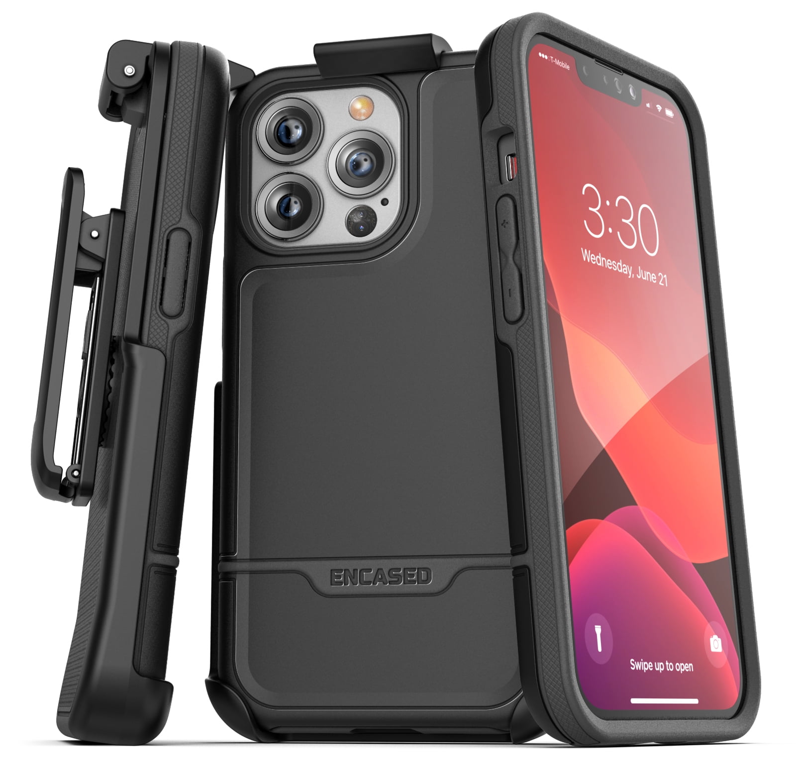 Encased Rebel Designed for iPhone 13 Pro Max Belt Clip Case (2021) Protective Shockproof Case with Holster (Black)