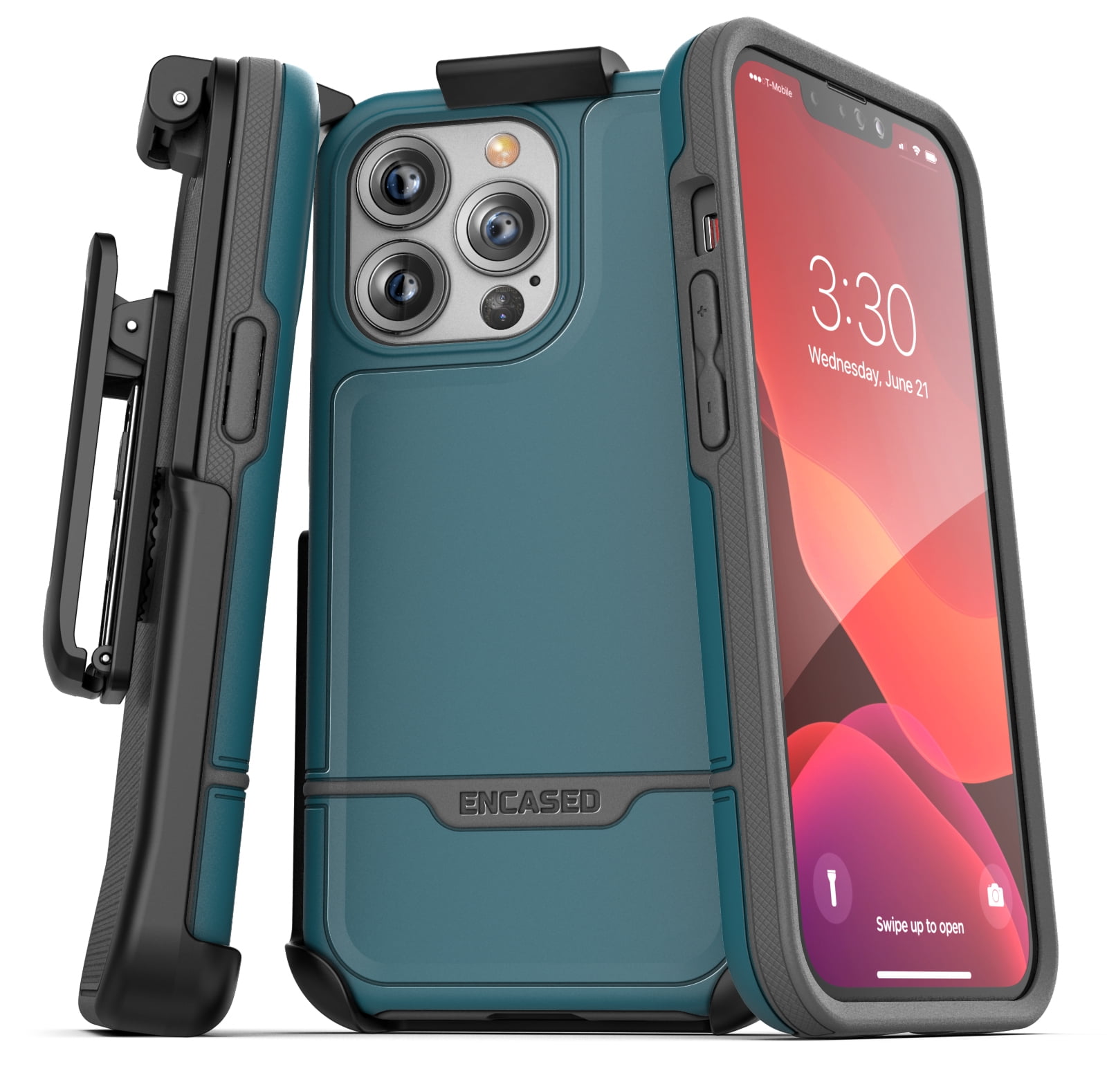 Encased Rebel Designed for iPhone 13 Pro Max Belt Clip Case (2021) Protective Shockproof Case with Holster (Blue)