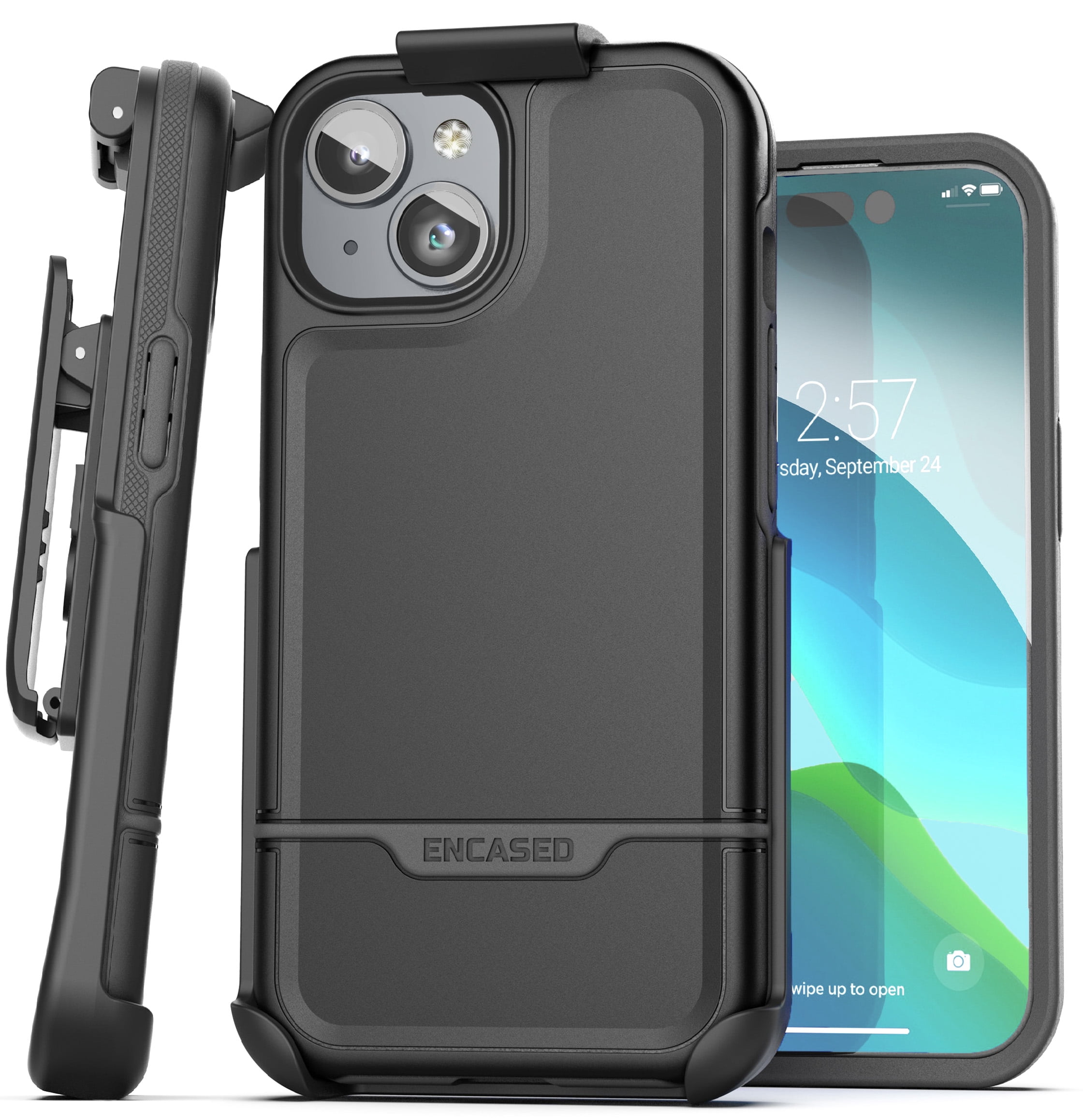Encased Rebel Designed for iPhone 15 Belt Clip Case, Protective Shockproof Phone Case with Holster (Black)